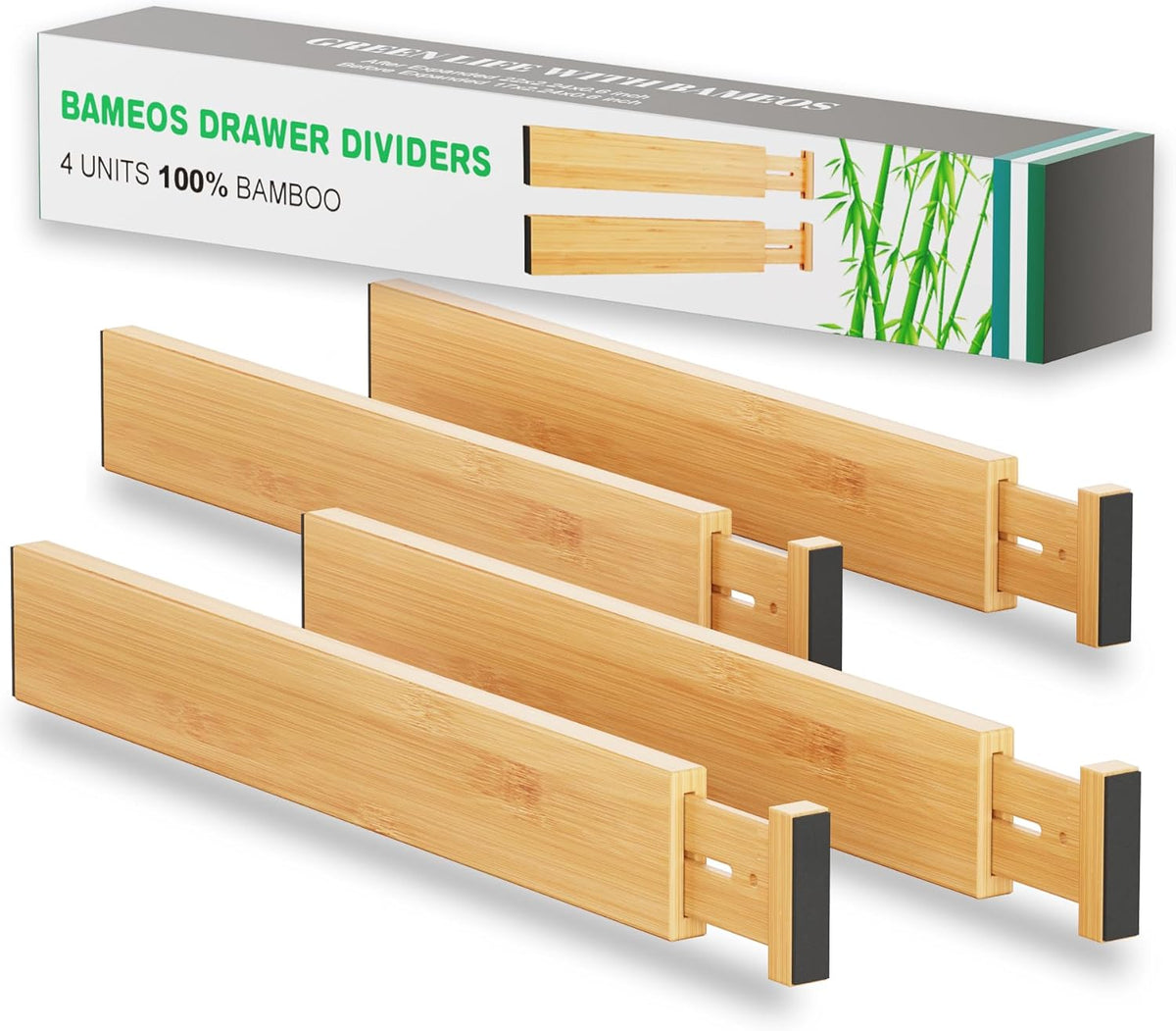 BAMEOS Drawer Dividers kitchen Organization Bamboo Utensil Organizers for Kitchen Bedroom Bathroom Dresser Office 4-pack