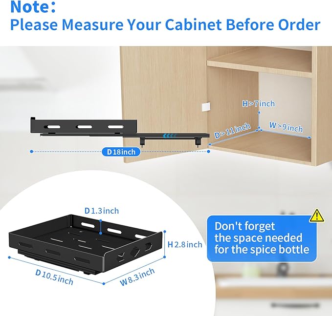 Pull Out Spice Rack, Heavy Duty Spice Rack Organizer, 1 Tier Spice Organization for Cabinet, Vertical Spice Rack for Kitchen, Cabinet, Pantry (8.4''Wx10.5''Dx2.8''H, Metal Black)