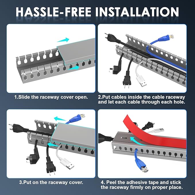 Alritz Cable Raceway Kit, 138(9x15.4) inch Open Slot Wiring Raceway Duct with Cover Cable Management System to Hide Under Desk/TV/Computer/Power Cords - 15.4 X 1.6 X 0.8 Inch(LWH) (Pack 9)