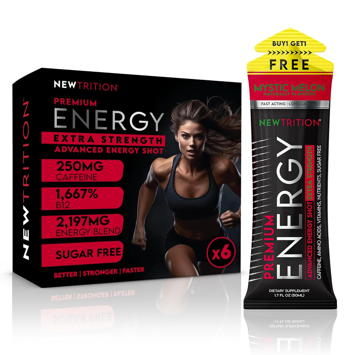 NewTrition® Extra Strength Energy Shots, 250mg Caffeine Energy Shots with Vitamin B & Amino Acids, Sugar-Free Vitamin Energy Shot, 1.7 fl oz (Pack of 6, Mystic Melon)