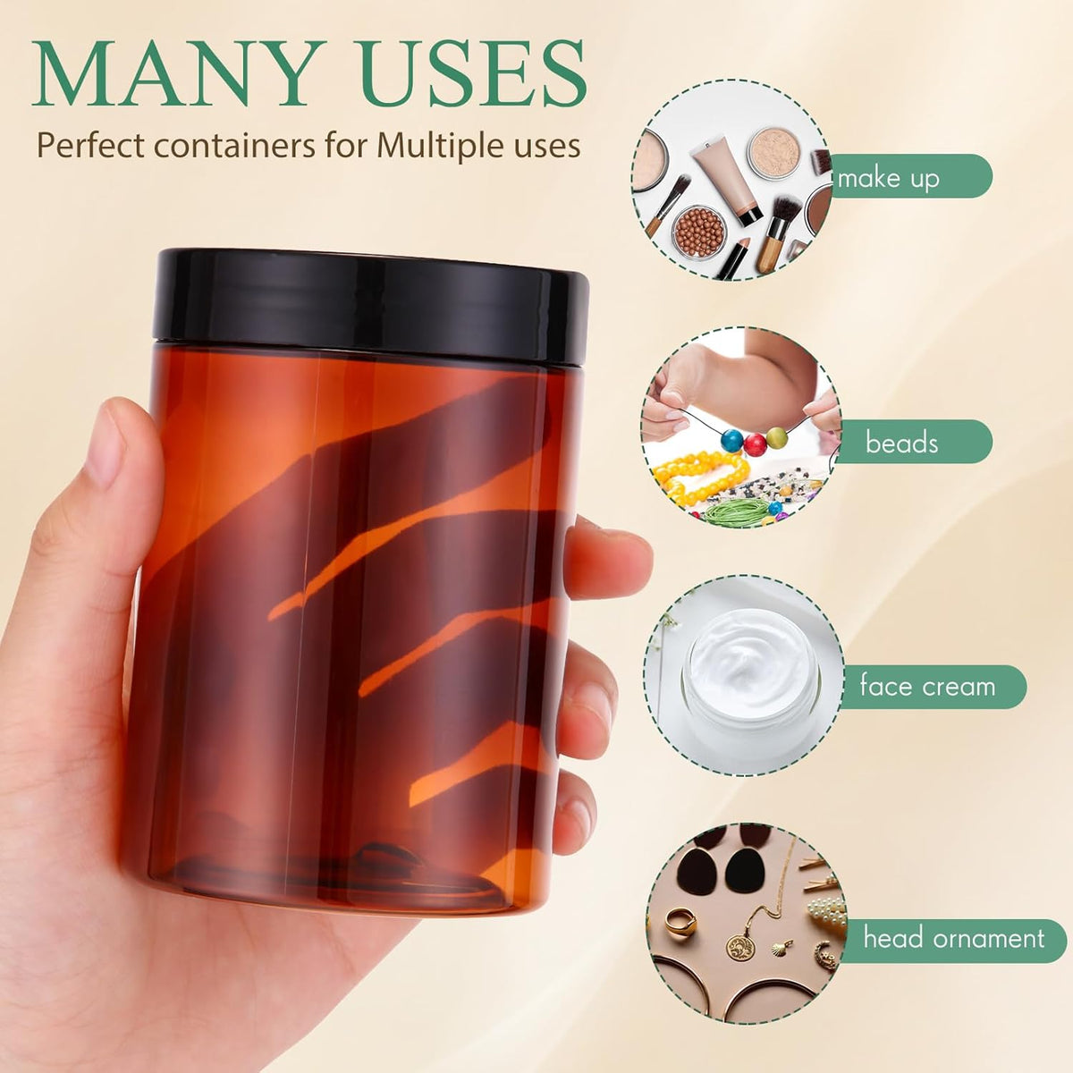 Patelai 4 Pieces Round Wide-mouth Leak Proof Plastic Container Jars with Lids for Travel Storage Makeup Beauty Products Face Creams Oils Salves Ointments DIY Making(10 Ounce,Amber)