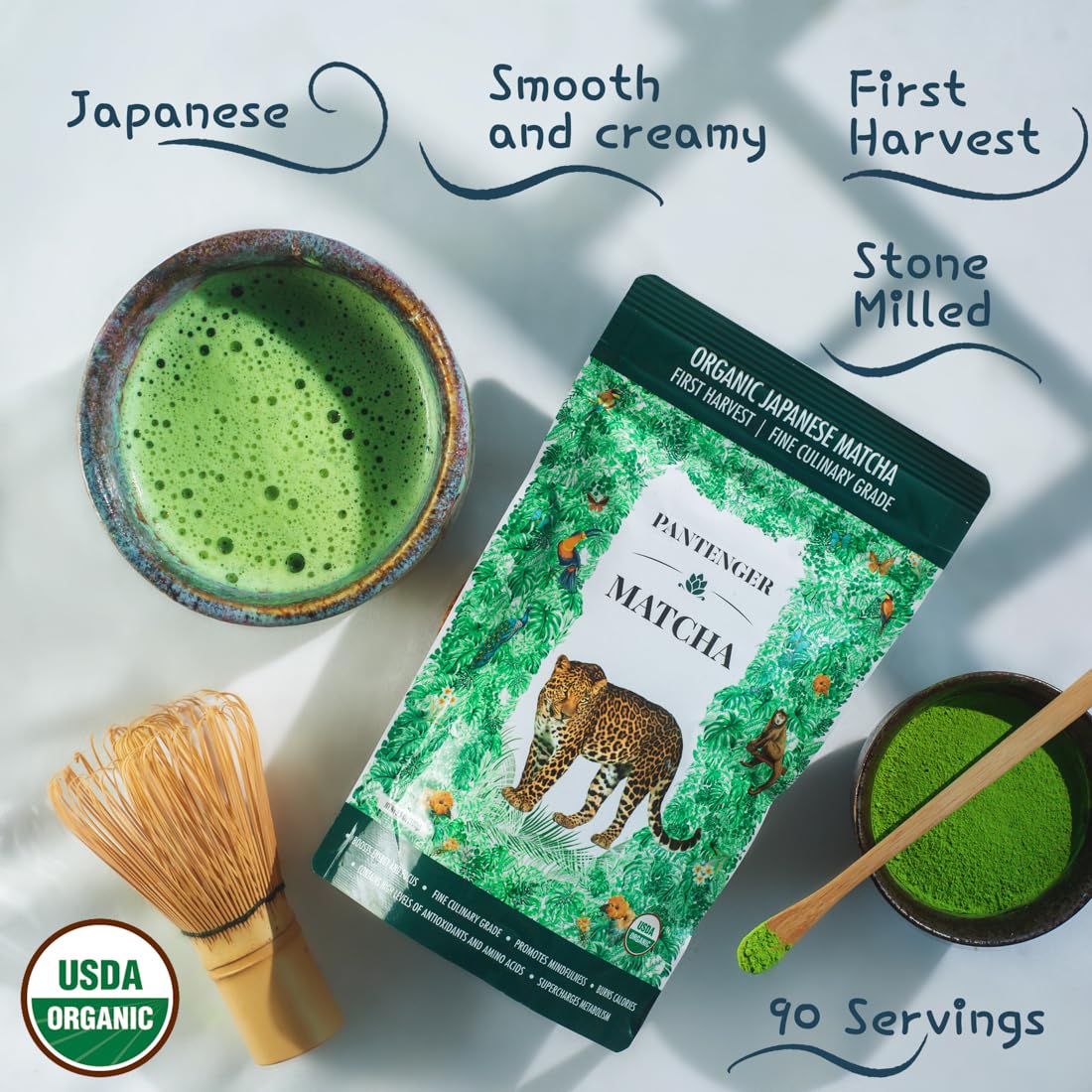 Organic Matcha Green Tea Powder | 3.5 OZ - 80 Servings | Latte & Smoothie Grade | Japanese - First Harvest - Stone Milled | By Pantenger
