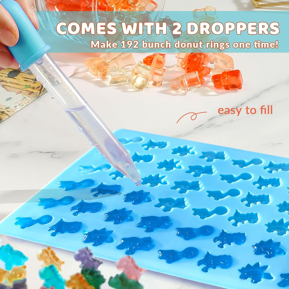 HKNMTT Gummy Dinosaur Molds Silicone, Mini Cute Dinosaur Shaped Candy Chocolate Molds With 2 Droppers, 4 Pack 192 Cavities Non-stick BPA free Bite Size Animal Kid Molds, DIY Candy Making Kit