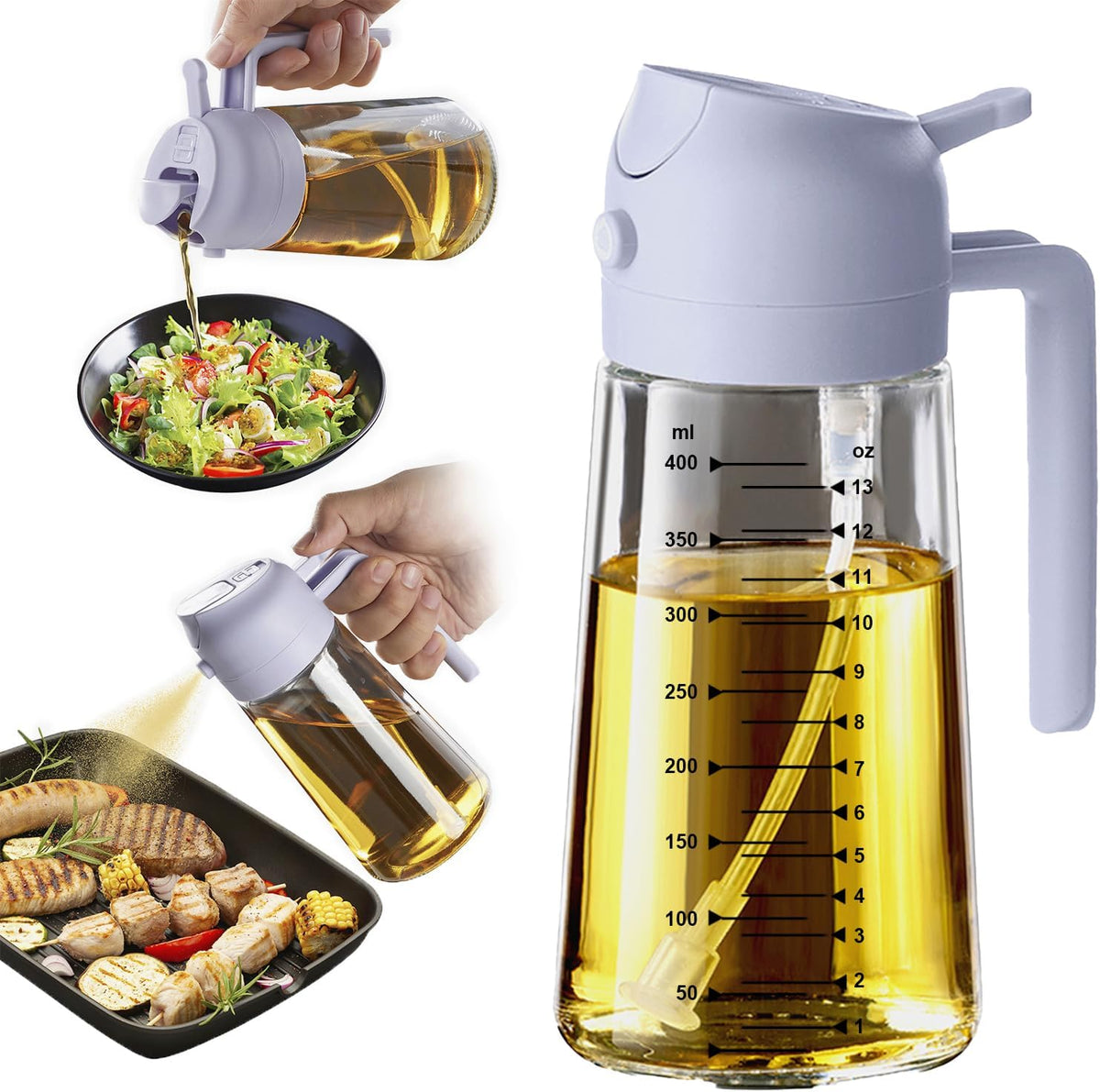 TrendPlain 16oz/470ml Glass Olive Oil Sprayer for Cooking - 2 in 1 Olive Oil Dispenser for Kitchen Gadgets, Air Fryer, Salad, and BBQ - Periwinkle