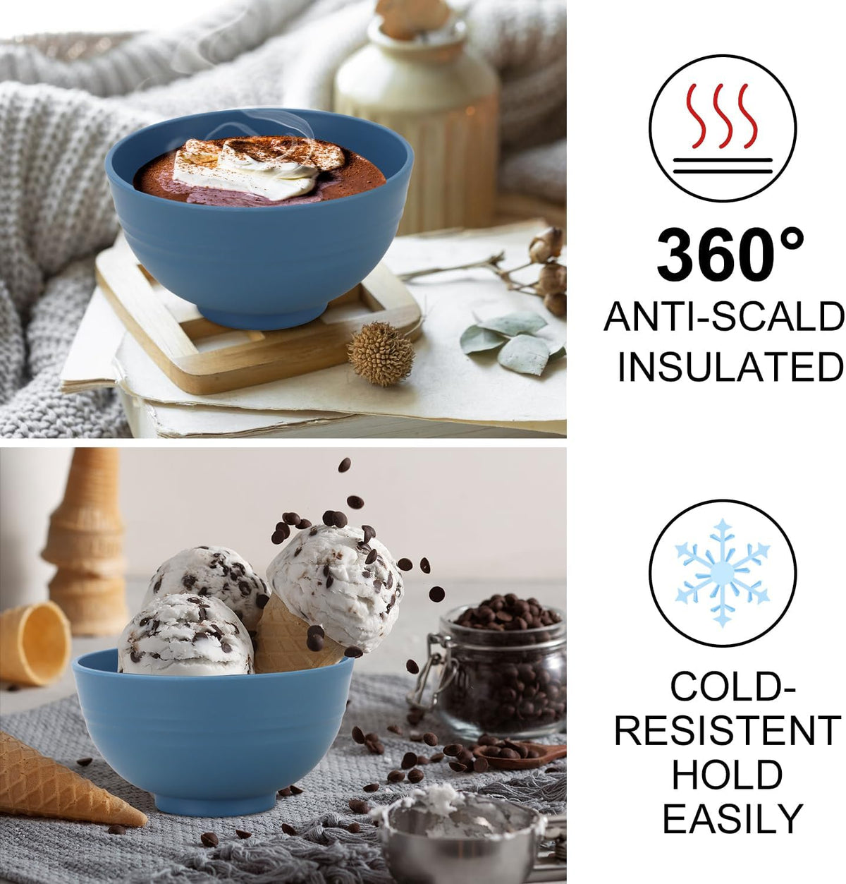 wheat straw dessert bowls 10oz set of 8 - Unbreakable snack Bowls Dishwasher Safe - Handy Bowls for Ice Cream,Yogurt and Fruits. Blue