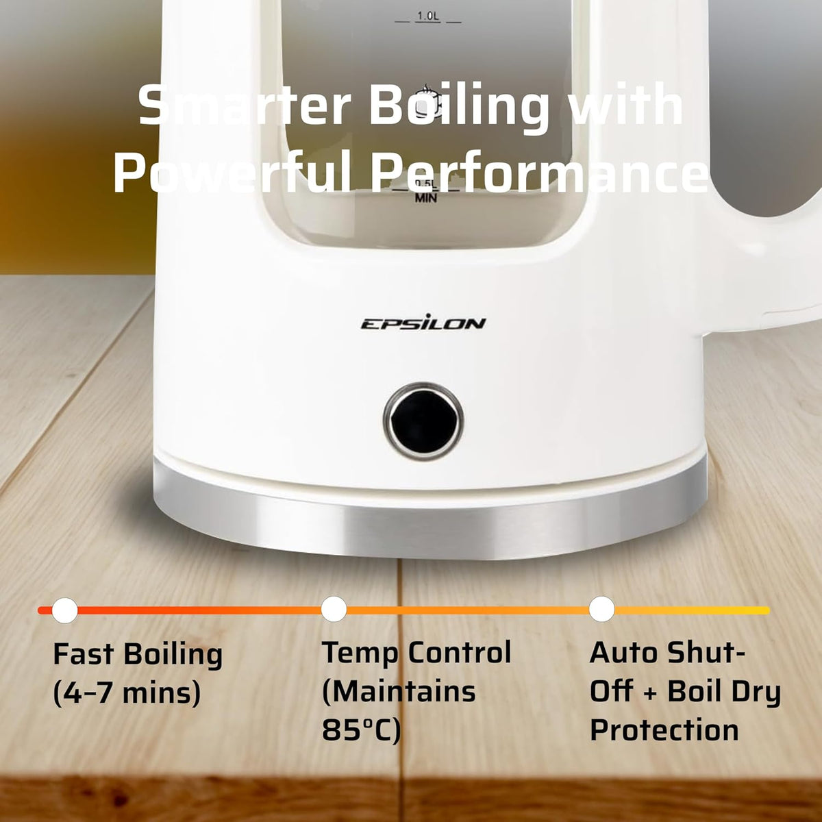 Epsilon 1.7L Glass Electric Kettle – Hot Water Tea Kettle with LED Light, Stainless Steel & Borosilicate Glass, Auto Shut-Off, BPA-Free Electric Teapot, 1500W Fast Boil, Cool Touch