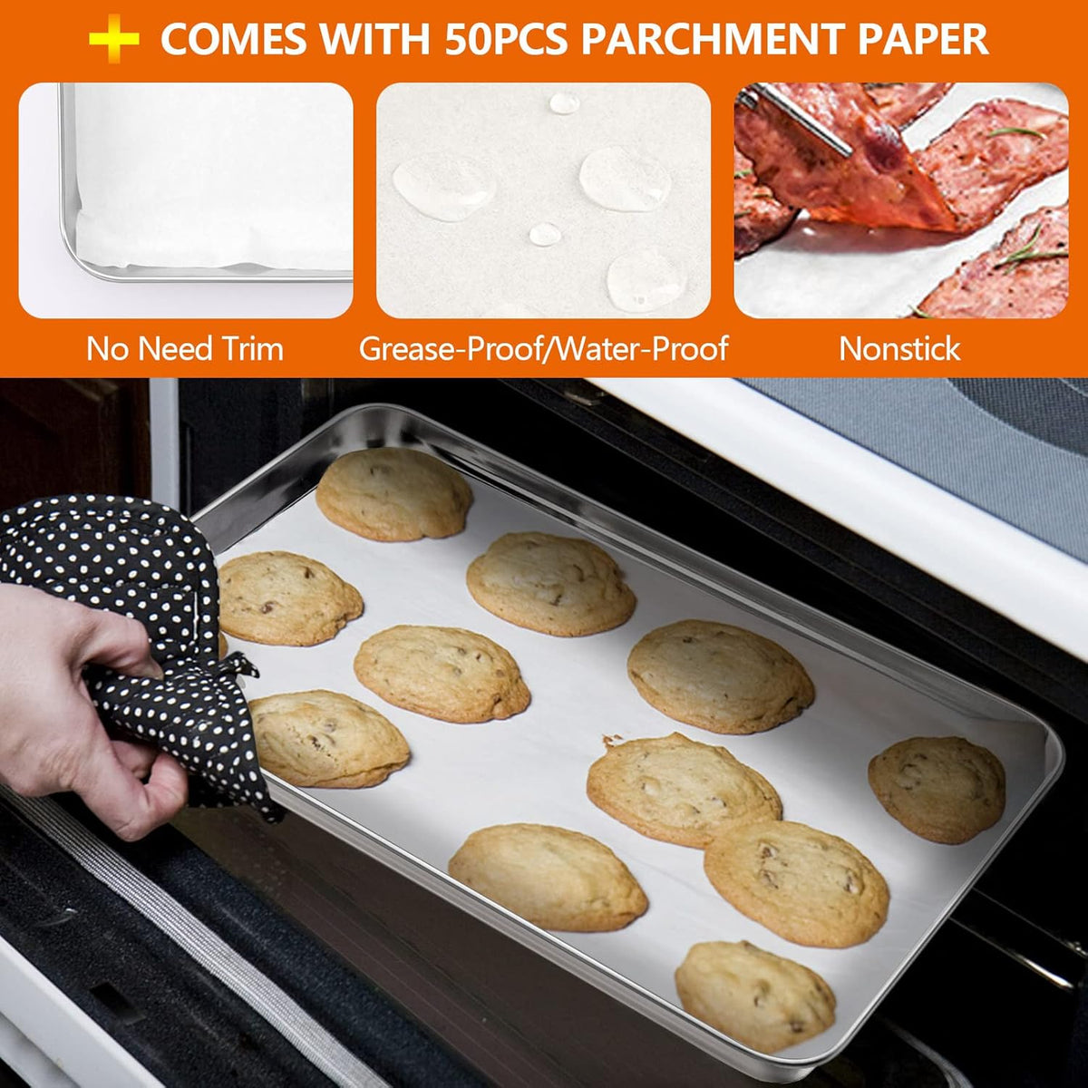 E-far Baking Cookie Sheet Set of 2, 12.4”x9.7” Stainless Steel Baking Sheet Pan for Oven with 50 Parchment Paper, Rectangle Baking Tray for Cooking Roasting, Rust Free & Heavy Duty, Dishwasher Safe
