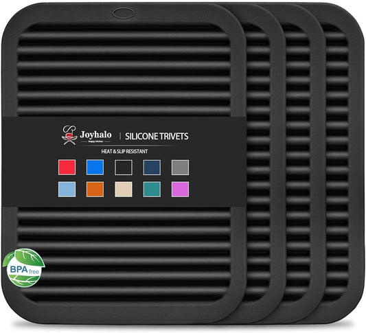 Joyhalo 4 Pack Silicone Trivets for Hot Pots and Pans,480℉ Heat Resistant Trivets for Hot Dishes,Hot Pads for Countertop,Kitchen Potholders,Black
