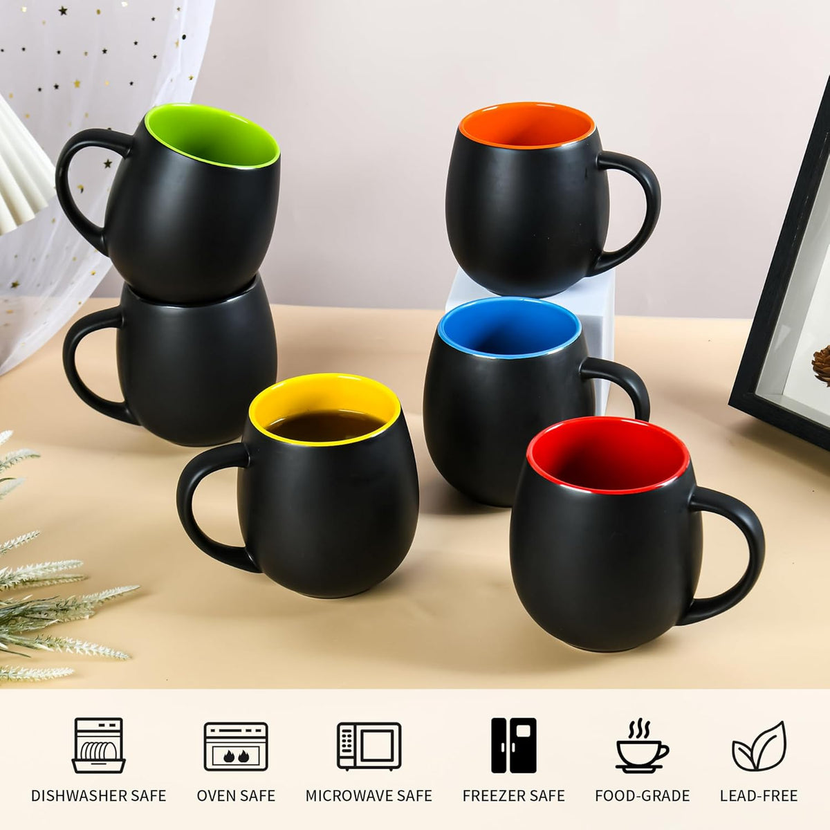20oz ceramic Coffee Mug Sets Matte Black Porcelain Mug Multiple colors Cups for Coffee, Tea, Juice, Cocoa Set of 6 (20oz)