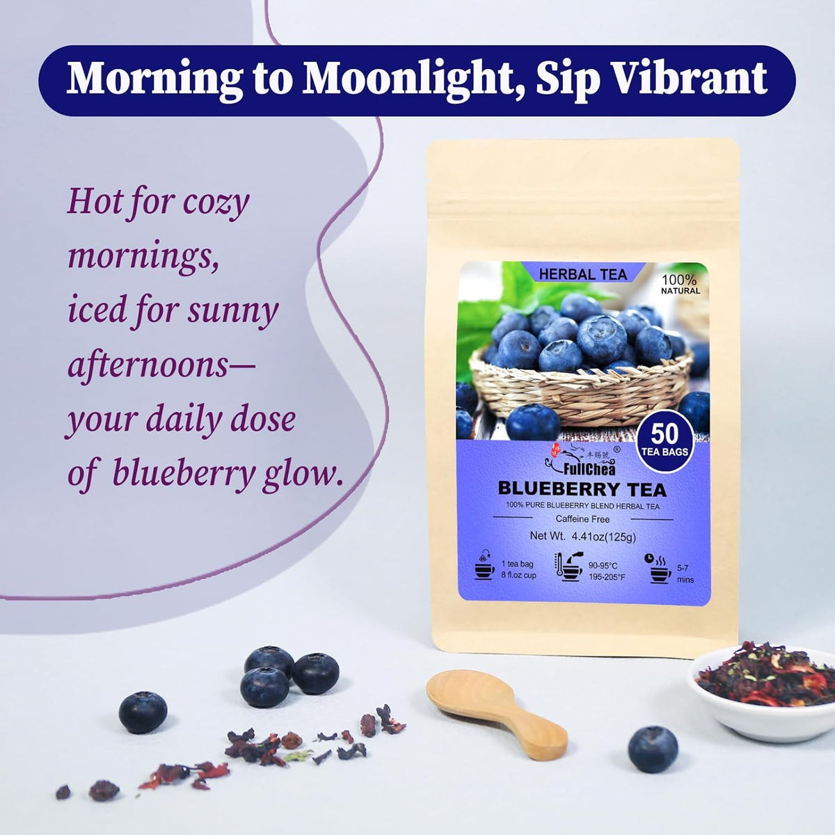 FullChea - Blueberry Tea Bags, 50 Teabags - Premium Blueberry Blend Herbal Tea - Harmonious Mix of Blueberries, Hibiscus, Raisins, Mint Leaves - Rich in Natural Goodness, Delightful Taste
