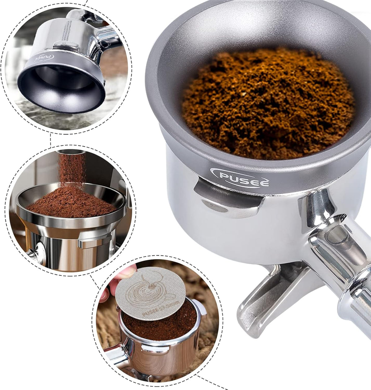 54mm Espresso Dosing Funnel & 53.5mm Puck Screen,PUSEE Coffee Dosing Ring Aluminum Metal,Reusable 1.7mm Thickness 150μm Espresso Puck Screen 316 Stainless Steel Fits 54mm Portafilter