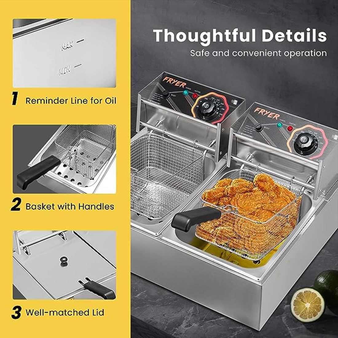 VIVOHOME 110V 20.7 Qt Commercial Electric Deep Fryer with 2 x 6.35 QT Removable Baskets, Overheat Protection