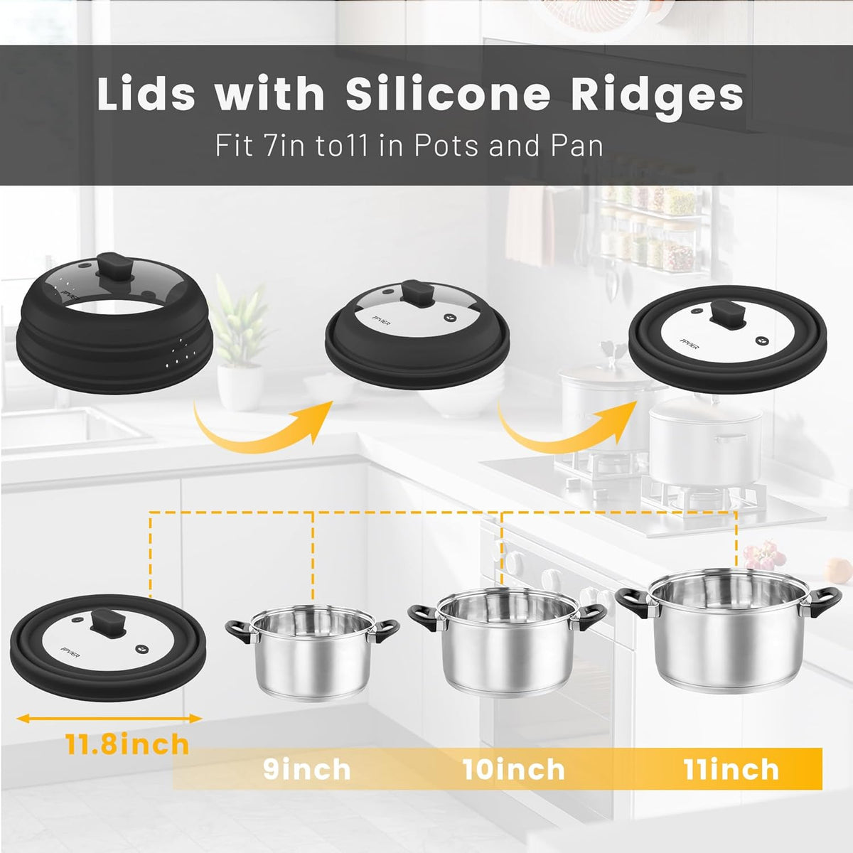 Microwave Splatter Cover, Collapsible Silicone Microwave Plate Cover with Glass for Food Splatter Guard Lid 11.8 inch Black
