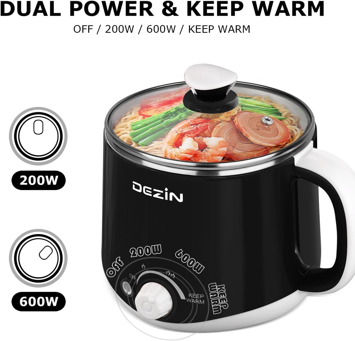 Dezin Hot Pot Electric, Rapid Noodles Cooker, Stainless Steel Electric Pot 1.6 Liter, Perfect for Ramen, Egg, Pasta, Dumpling, Soup, Porridge, Oatmeal with Temperature Control and Keep Warm Function