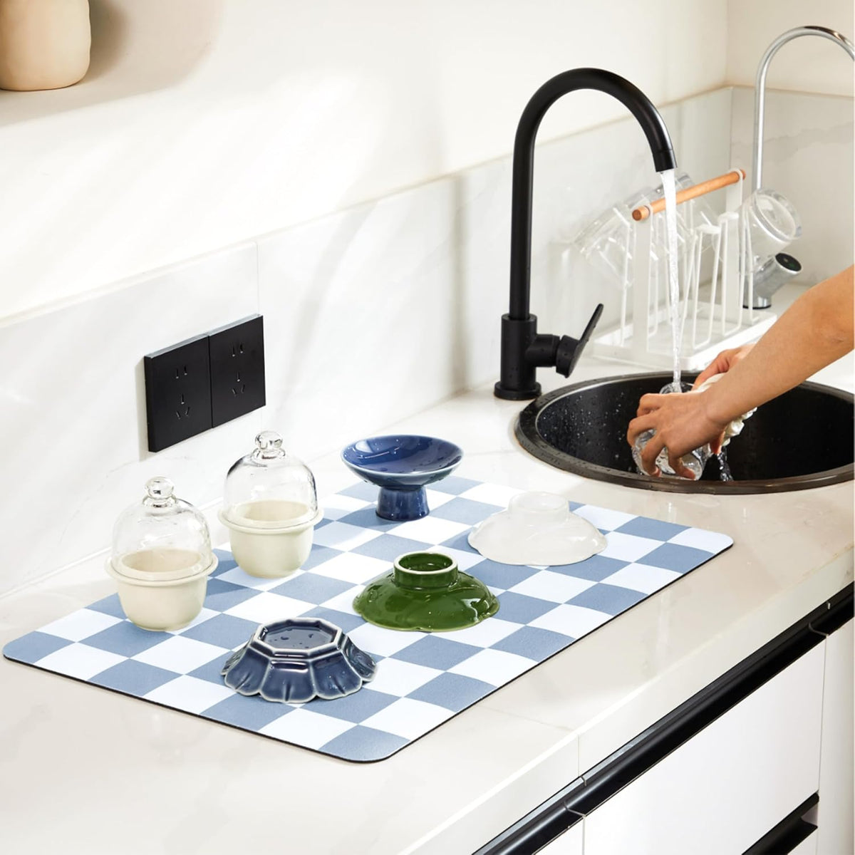 Checkered Dish Drying Mat for Kitchen Counter, Coffee Bar Station Accessories, Retro Cute Aesthetic Absorbent Coffee Mat Kitchen Drying Mat Easy Clean, Blue 12" x 19"
