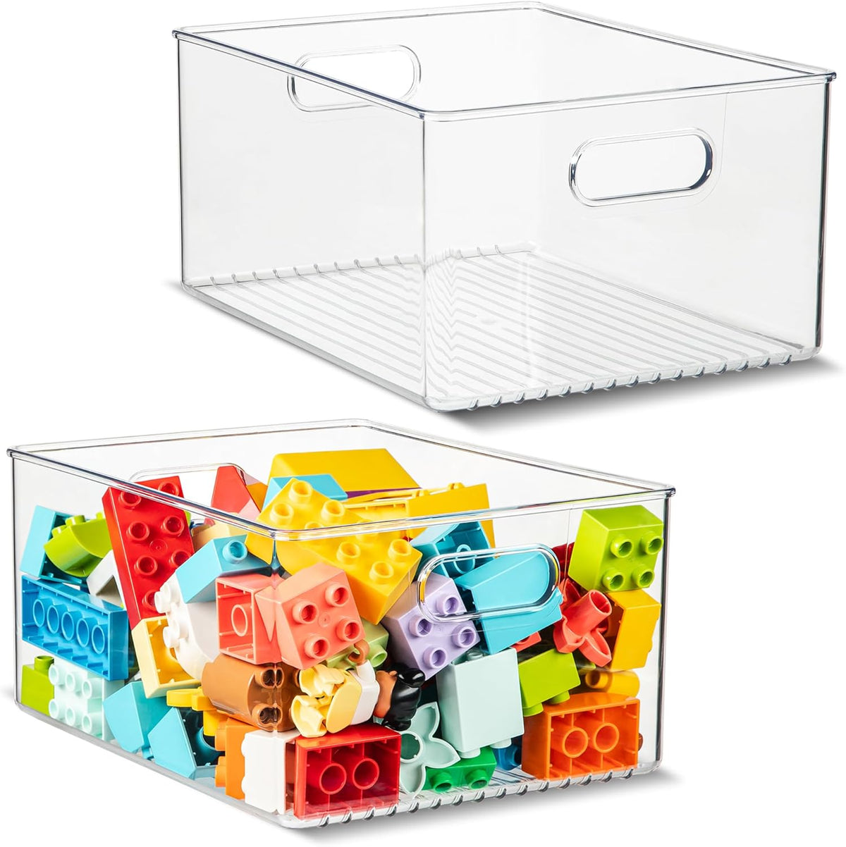 Plastic Food Storage 2 Pack Clear Container Bin with Handles for Organizing Kitchen, Pantry, Refrigerator, Freezer, Pantry, Cabinet, Closet, Bathroom 10”x8”x5”