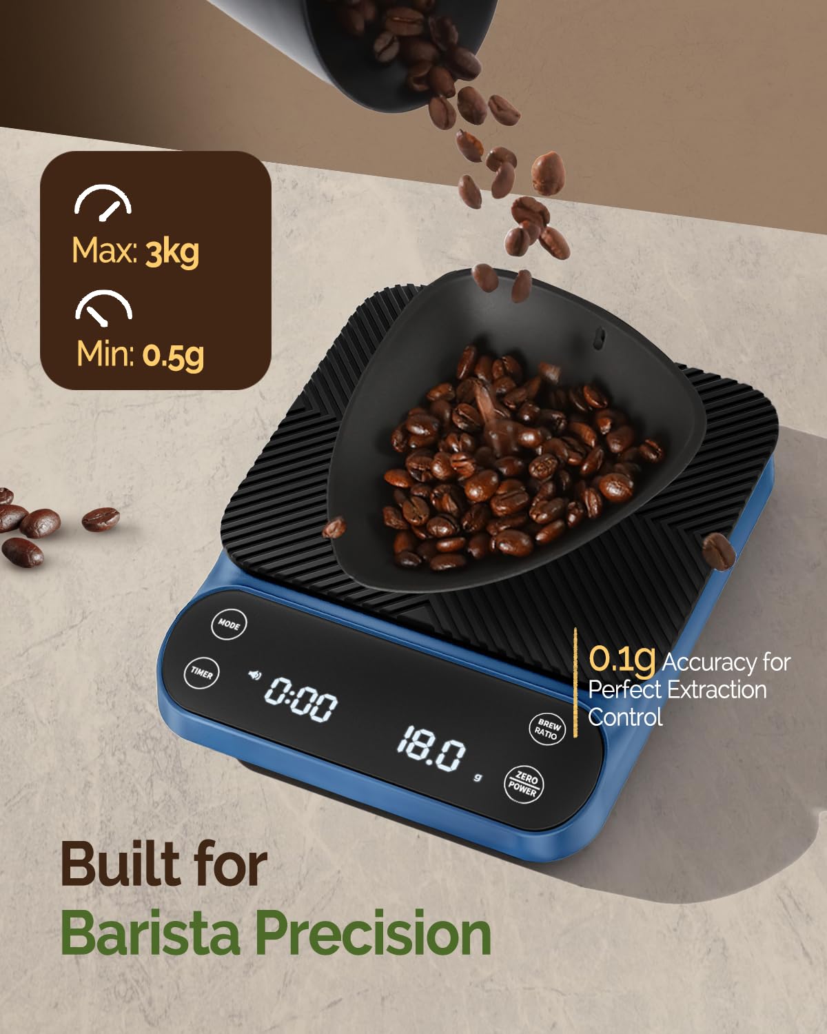 Maestri House S3 Coffee Scale with Timer, 3kg/0.1g Rechargeable Digital Scale, 3 Brew Modes, Adjustable Ratios & Flow Rate Display, Barista-Grade for Pour-Over, Espresso, French Press – Blue