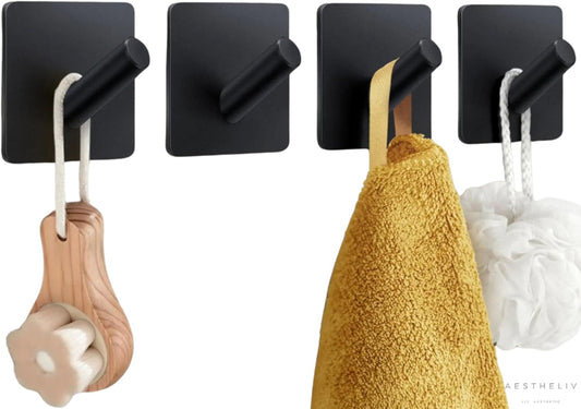 Adhesive Hooks- 4 Pcs, Towel Hooks for Inside Shower, Heavy-Duty Adhesive Wall Hook, Rust-resitant Hooks for Hanging, Sticky Hook for Walls No Damage (Black)