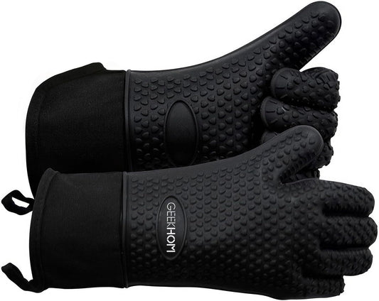 GEEKHOM BBQ Gloves X-Large, Heat Resistant Kitchen Silicone Oven Mitts, Waterproof Oven Gloves, BBQ Grill Accessories for Baking, Fryer, Smoker, Weber, Pizza, Microwave, Non-Slip, Black