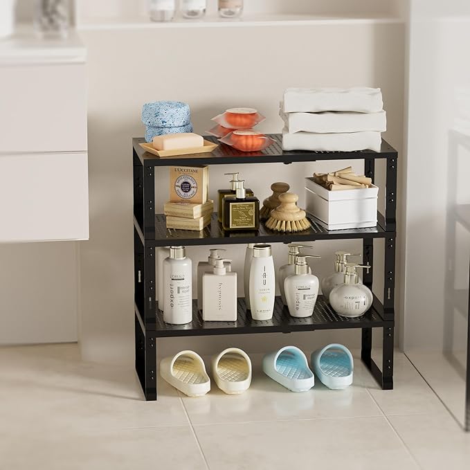 Expandable Spice Rack,Stackable Storage for Cabinet, Multi-Functional Kitchen Shelving,Height-Adjustable,Sustainable Organizer Solution(3Packs/Black/Large)
