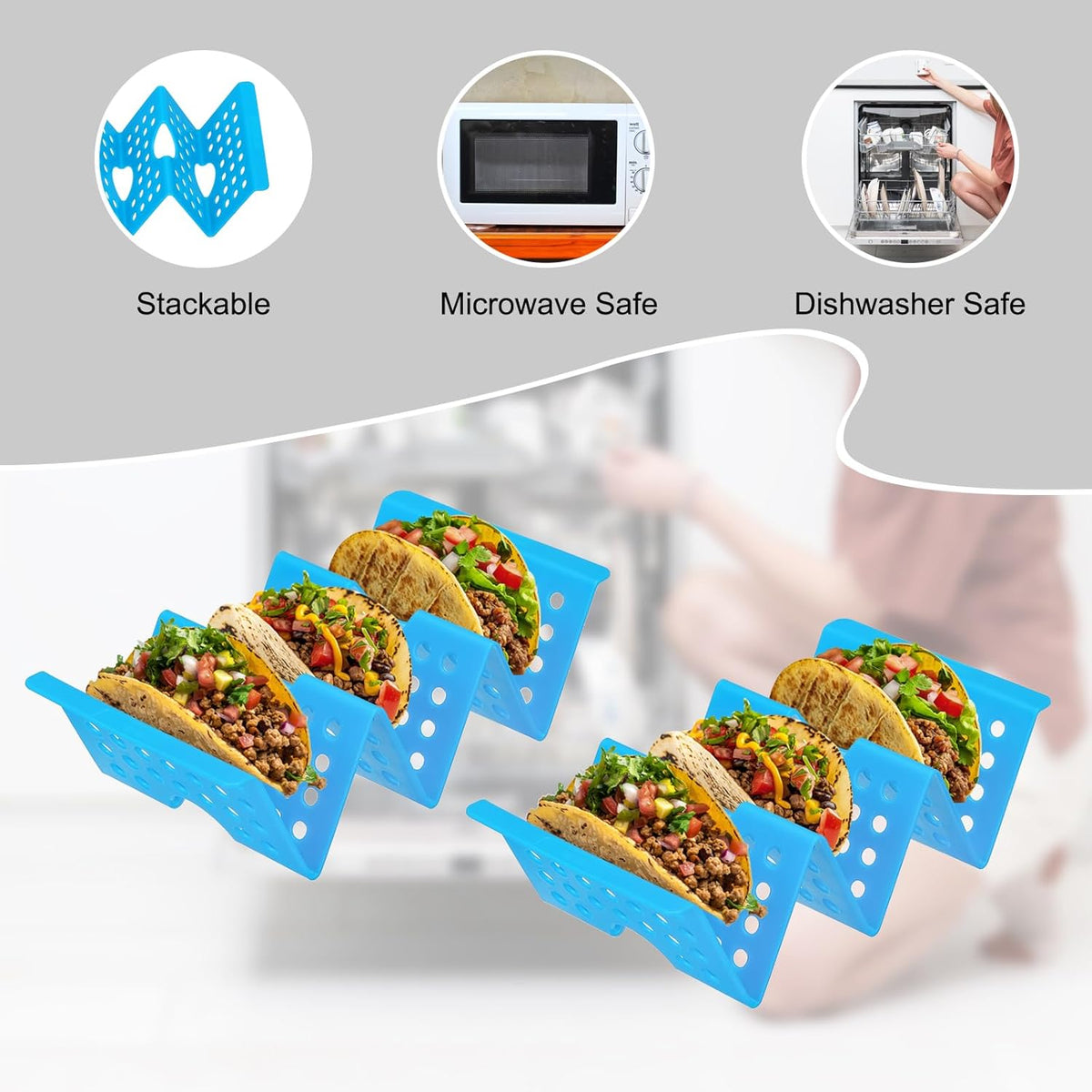 uxcell 8 Pcs Taco Holder Stand, Plastic Taco Plates Hold Up to 3 Tacos, Hollow Carved Taco Shell Holder, Dishwasher Microwave Safe, Blue