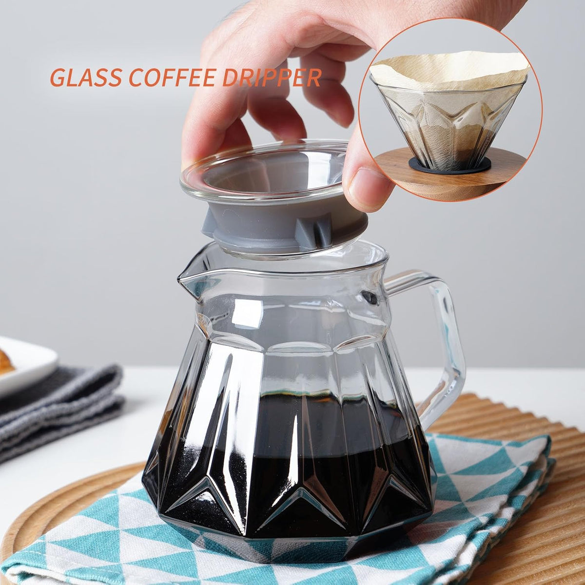 Pour Over Coffee Maker Set, 21 oz/620ml Glass Pour Over Coffee Dripper Filter Coffee Maker Kit Manual Grinder with Walnut Handle for Home Office Cafe Restaurant Camping (Grey)