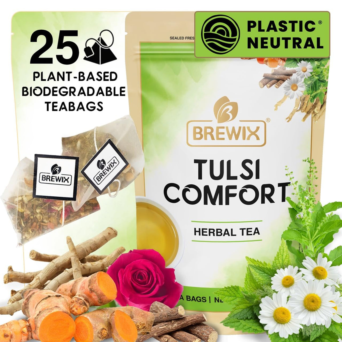 BREWIX, Tulsi Holy Basil Tea Bags (25 Pyramid Bags) | Tulsi Leaves | Holy Basil & Chamomile | Caffeine Free | Herbal Tea Bags | Calming, Fresh and Cool Flavor