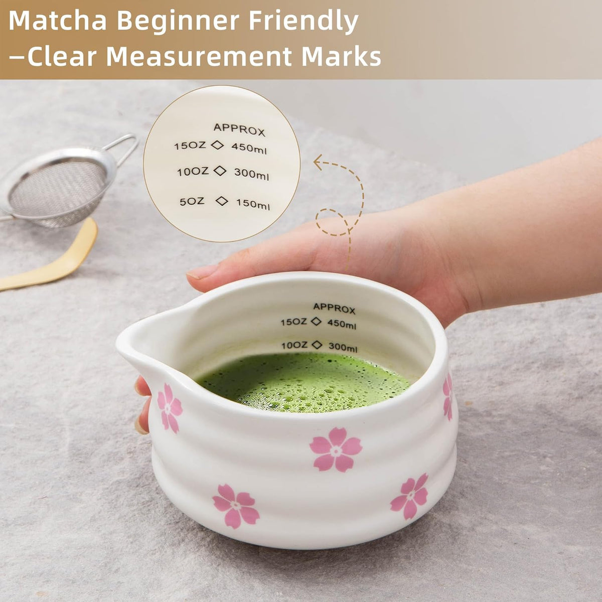 2pcs Matcha Bowl with Whisk Holder, Ceramic Cherry Blossom Matcha Bowl with Spout, 16.5OZ Porcelain Bowl with Measurement Marks,Tea Mixing Bowl with Whisk Stand, Matcha Gift (sakura)