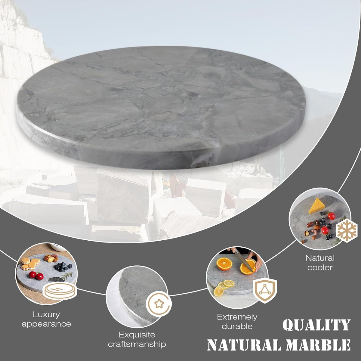 Koville Round Marble Pastry Cutting Board - 11" Gray Marble Cheese Board for Baking, Charcuterie, Pastry, Trivet - Non-Stick Heat Resistant Stone Cutting Boards for Kitchen