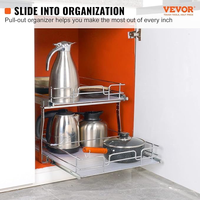 VEVOR 20"Wx21"D Pull Out Cabinet Organizer, 20"Wx21"D 2 Tier Heavy Duty Slide Out Pantry Shelves, Chrome-Plated Steel Roll Out Drawers, Sliding Drawer Storage, 21.5"Wx22"D Install Size for Cabinet