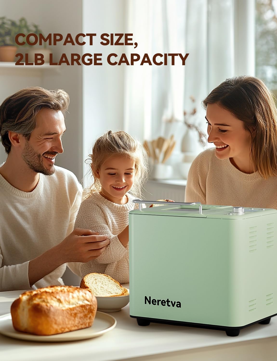 Neretva 20-IN-1 Bread Maker, Dual Heater 2LB Bread Machine Stainless Steel Bread Maker Machine Nonstick Ceramic Pan Compact for Gluten Free/Sourdough/Whole Wheat Bread/Yogurt, Breadmaker-Light Green