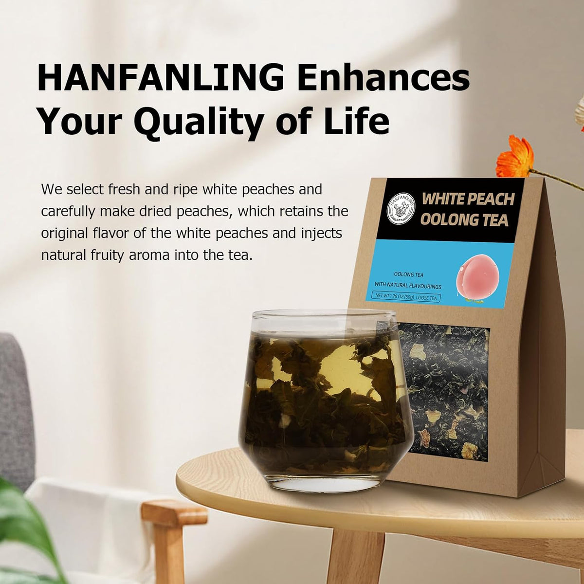 HANFANGLING White Peach Oolong Tea, Refreshing, Caffeine Alternative, Fresh Sweetness of White Peach and Aromatic Taste of Oolong Tea Loose Leaf