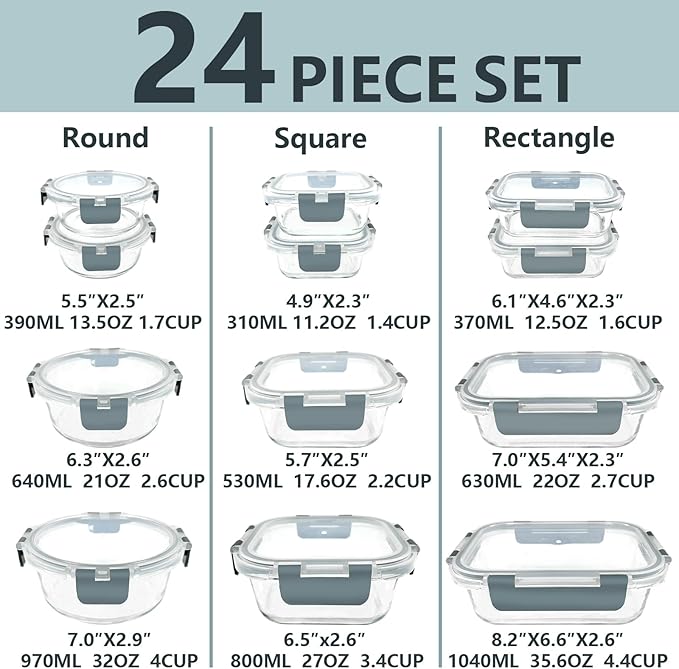 12 Pack Glass Food Storage Container Set with Snap Locking Lids Airtight, Stackable Borosilicate Glass Meal Prep Containers, Microwave, Oven, Freezer and Dishwasher Safe (Gray)