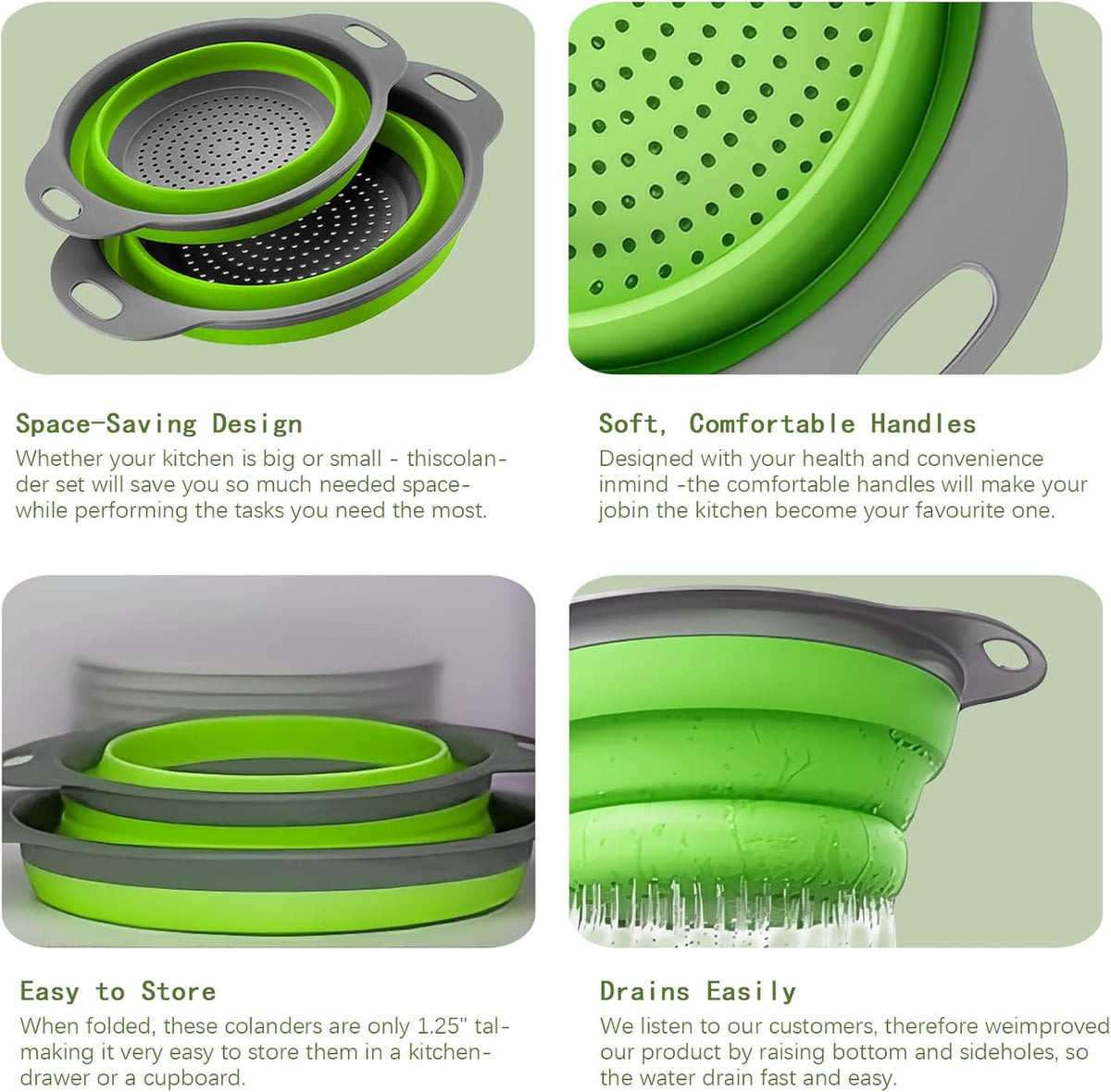 Collapsible Colander Set of 2 Silicone Kitchen Strainer Set, Perfect for Draining Pasta, Vegetable and fruit for Kitchen and Travel Use (green)