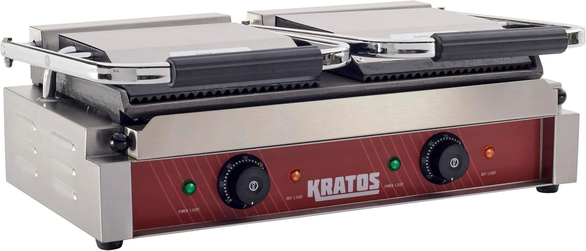 Kratos Commercial Electric Panini Sandwich Grill with Grooved Top and Smooth Bottom Plates, 18.7"x9" Cooking Surface, Commercial Countertop Panini Press, 120V, 3500W (29Y-025)