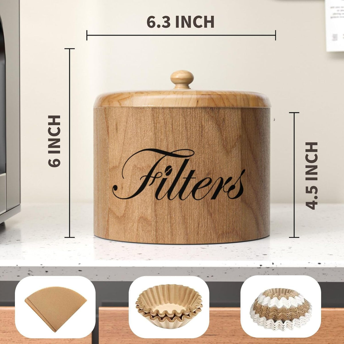 Coffee Filter Holder, Wooden Coffee Filter Storage with Lid, Round Coffee Filter Container for Counter, Rustic Coffee Bar Accessories Holder Decor (Natural)