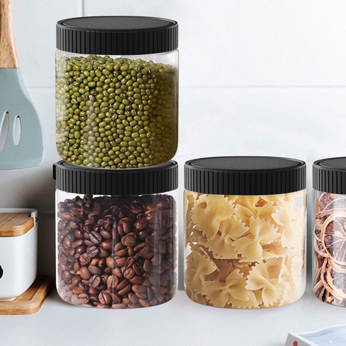 XINGLIAN 16 Oz Clear Plastic Jars with Black Lids Refillable Kitchen Storage Containers for Dry Food, Coffee, Nuts and More, 6 Pack