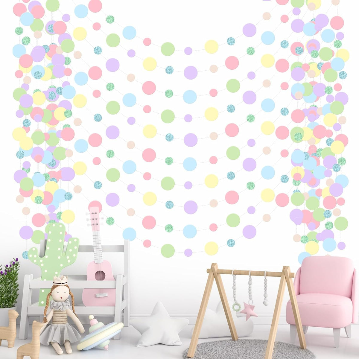 Outus 10 Pieces Colorful Dots Paper Garland Round Glitter Garland Hanging Confetti Streamers Backdrop Decoration for Birthday Classroom Candy Sprinkles Trunk or Treat Party (Pastel)