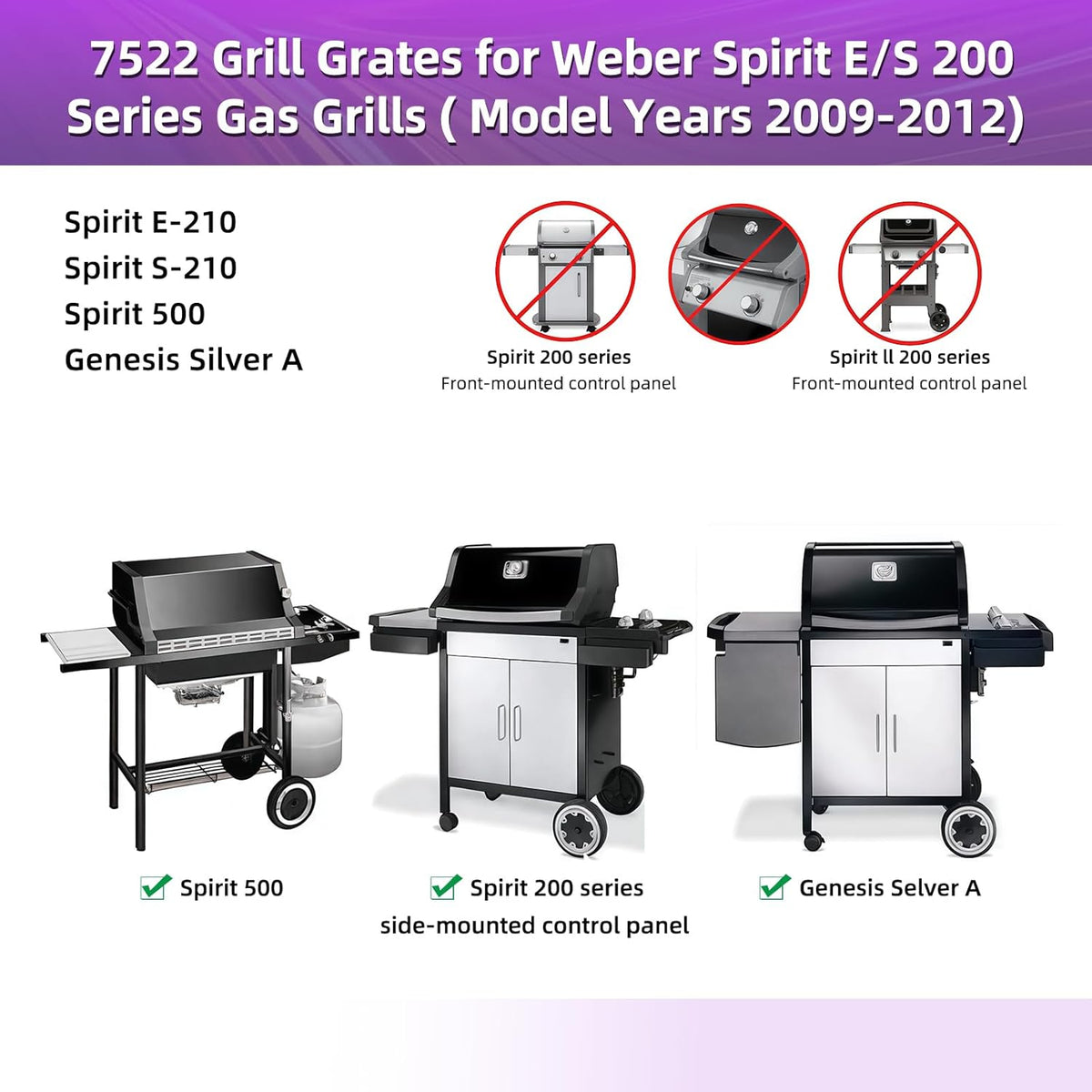 9MM 15" Stainless Steel Grill Grates for Weber Spirit E-210 Spirit E/S 200 & 210 Genesis Silver A Spirit 500 Gas Grill with Side Control Panel for Weber 7522 65905 65904 Spirit 200 Series