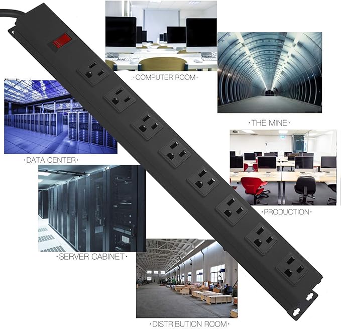 Metal 8 Outlet Mountable Power Strip, Wall Mount Outlet Heavy Duty, Wide Spaced Commercial Shop Power Strip with Switch, 15A 125V 1875W, 6 FT SJT 14AWG Power Cord (12FT)