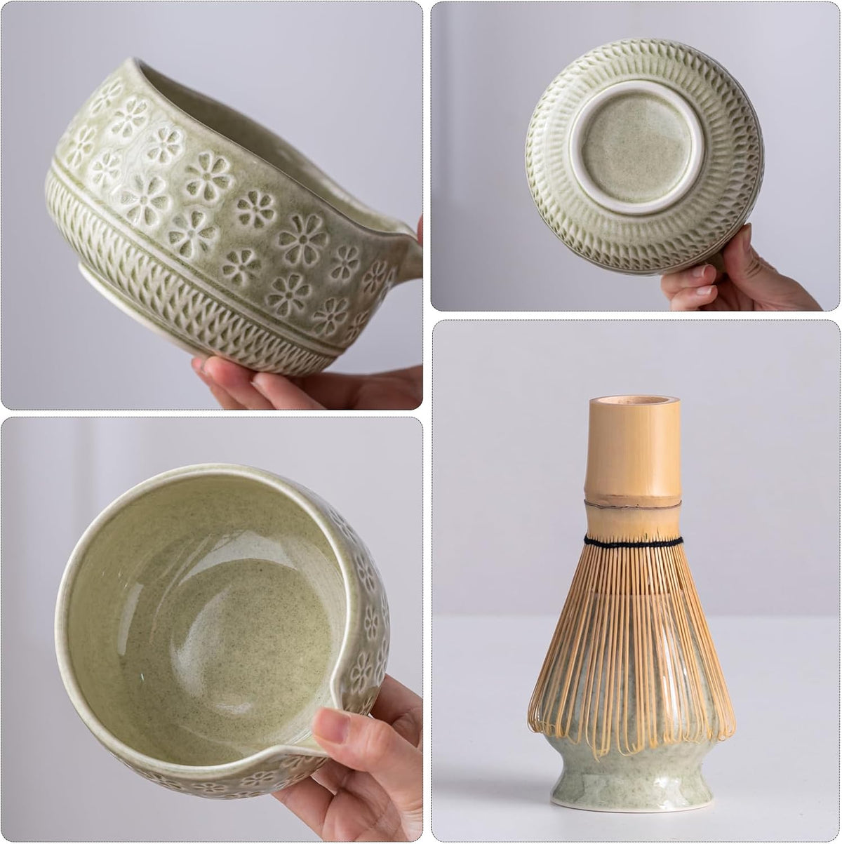 Matcha Whisk Set, Ceramic Matcha Set Includes Matcha Bowl, Matcha Whisk and Holder, Bamboo Scoop, Scoop Rest, Sifter and Tea Towel - 7 Pcs Matcha Kit for Matcha Lovers (Mottled Green)