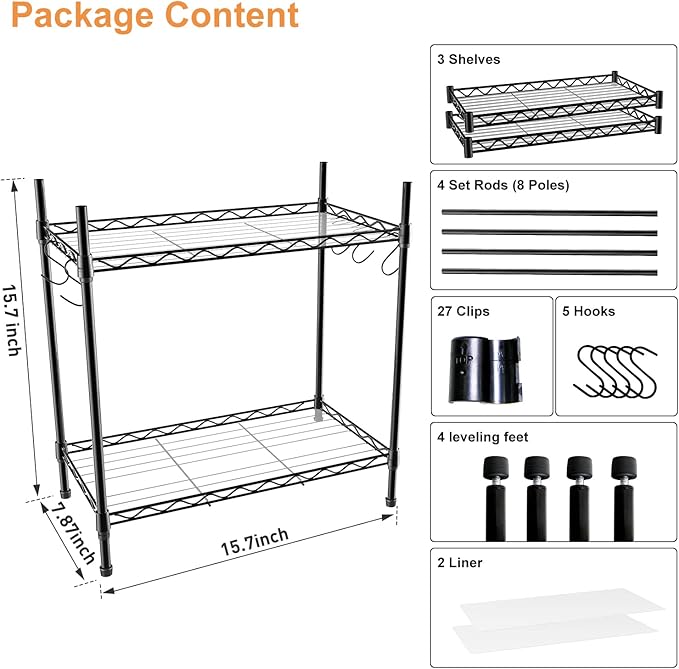 Spice Rack Organizer, Carbon Steel Seasoning Rack 2-Tier Spice Organizer for Cabinet, Adjustable Kitchen Countertop Organizer with Shelf Liner and Hooks for Kitchen Pantry Bathroom Office, Black