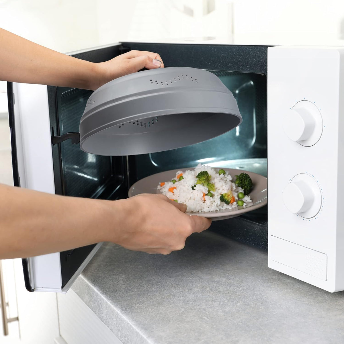 Microwave Splatter Cover for Food - Silicone Glass Dish Plate Cover, Vented with Silicone Grip Handle Knob, Collapsible, Food Grade, Microwave, Dishwasher Safe - 10" Inch