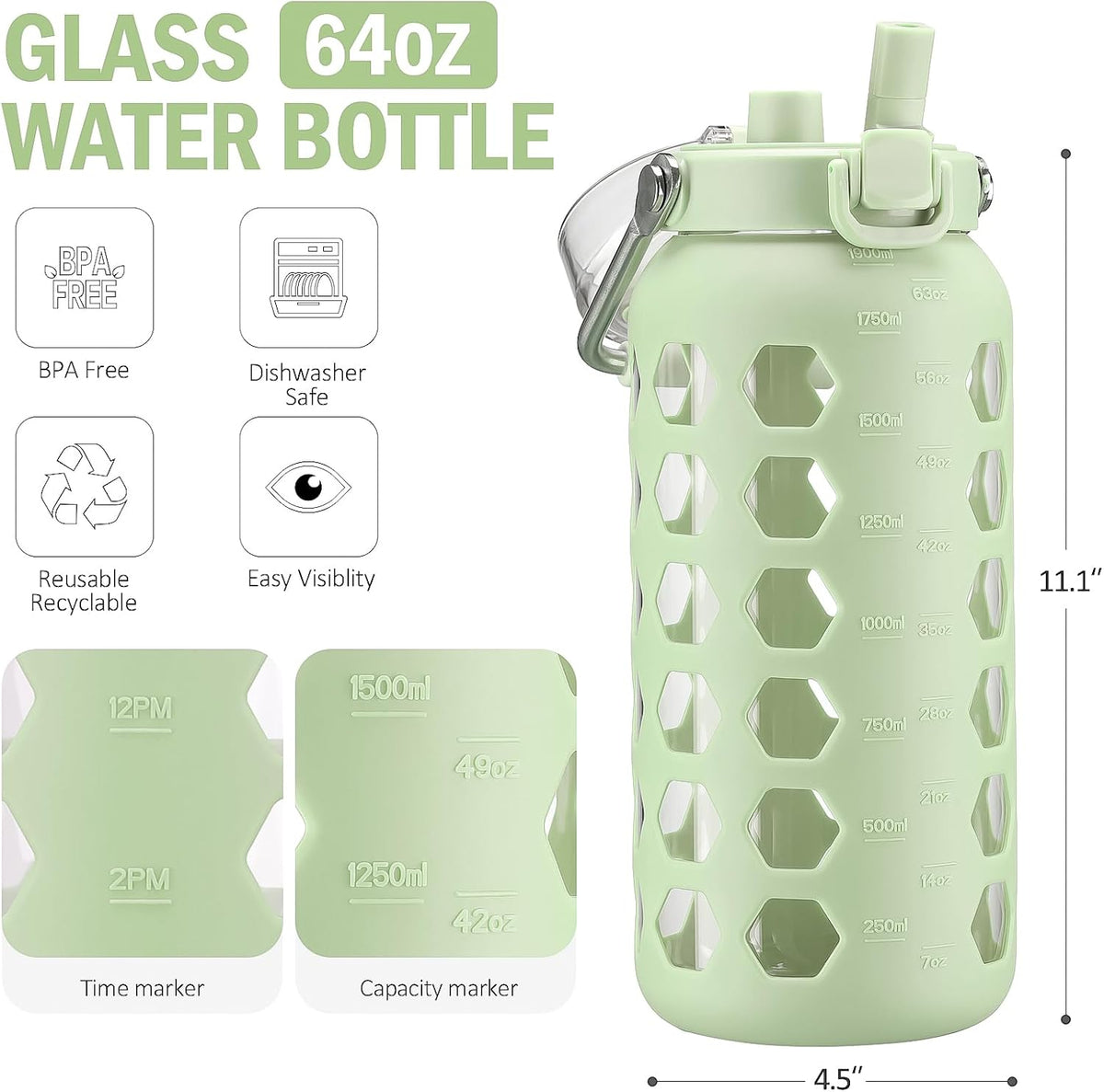 MUKOKO 64oz Glass Water Bottles with Straw and Lid,Half Gallon Water Bottle with Time Marker,Large Glass Water Jug with Silicone Sleeve and Stainless Steel Handle-Green