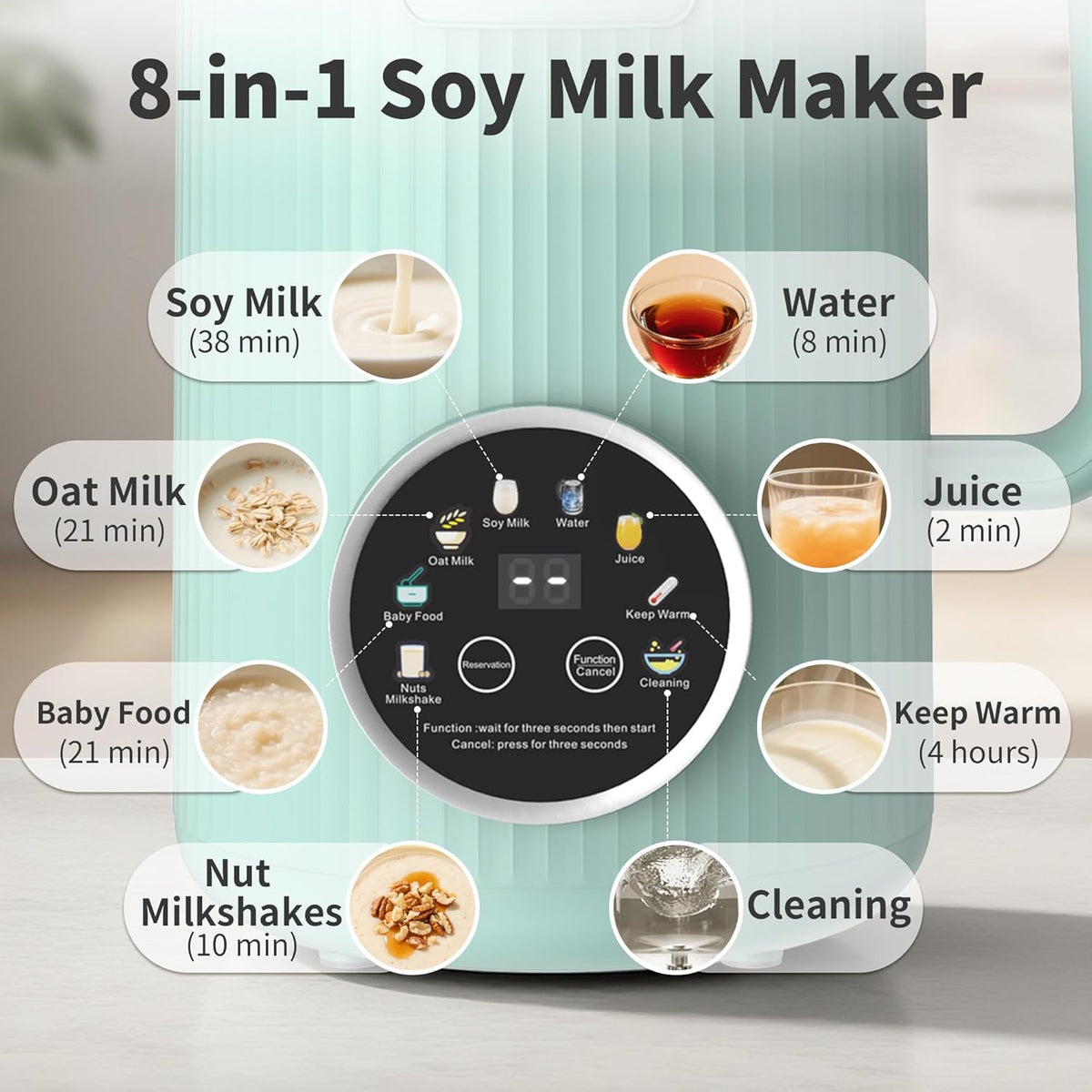 35oz Soy Milk Maker Machine: 8-in-1 Nut Milk Maker for Oat Milk, Vegan Drinks, Baby Food Blender - Plant-Based Milk Machine with Stainless Steel, LED Touch, Auto Shutoff (Green)
