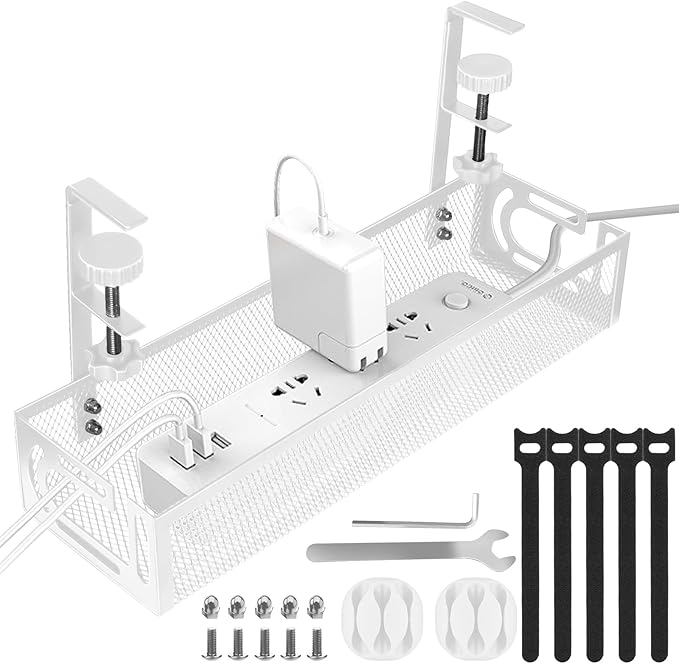 Under Desk Cable Management Tray, Cable Management Under Desk No Drill, Wire Management Tray with Clamp, Cord Organizer for Home Office, White