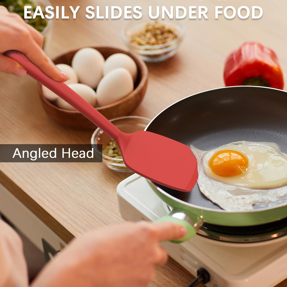 Coukre Silicone Spatula Set of 3, High Heat Resistant, BPA-Free, Kitchen Utensils, Fish Spatula, Solid & Slotted Turner for Non-Stick Pans, Flipping Eggs, Pancakes, Fish, Burgers (3, PureRed)
