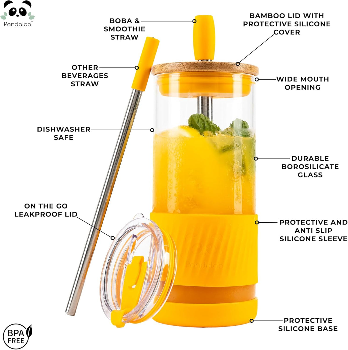 Pandaloo® Glass Cups With Lids and Straws -20 Fl Oz- Perfect Size Iced Coffee Cup - Smoothie Cup With Bamboo Lid and On the go Lid - Glass Tumbler With Straw (1 Count (Pack of 1), Maracuja Dream)