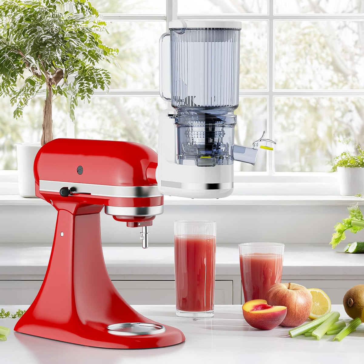Masticating Juicer Attachment for KitchenAid Stand Mixer, Cold Press Slow Juicer with 4.9" Large Feed Chute for Whole Fruits & Vegetables, Includes 2*1L Measuring Cups for Kitchenaid Mixer Attachments