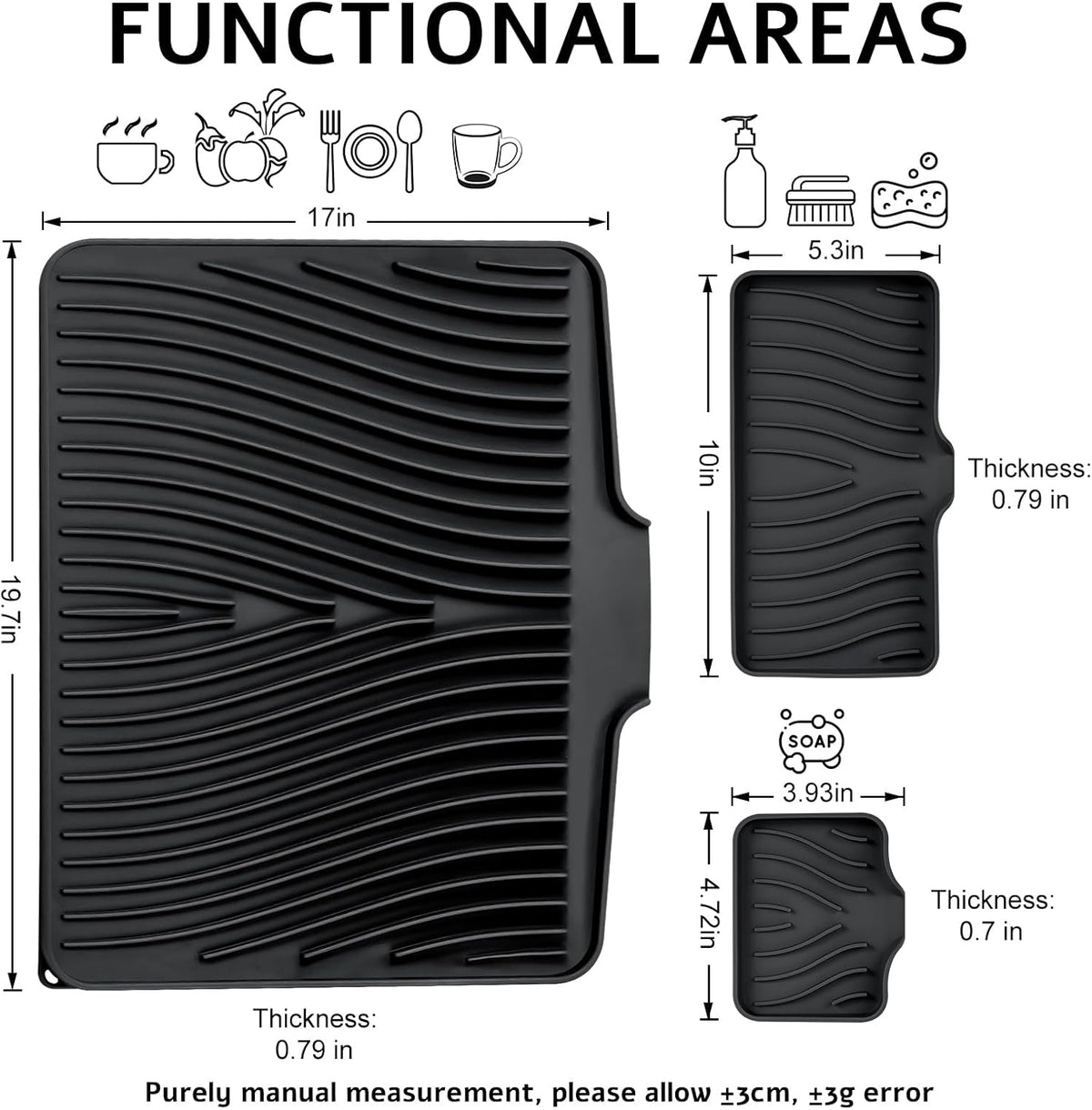 Silicone Dish Drying Mat for Kitchen Counter, Dish Drying Pad, Non-Slip Drain Pad with Built-in Drain, Heat Resistant Stone Drying Mat, 1 set XL(Black)